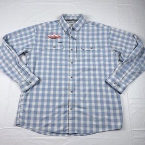 Poncho Outdoors Mens Large Blue Plaid Fishing Shirt Magnetic Pockets Vented L